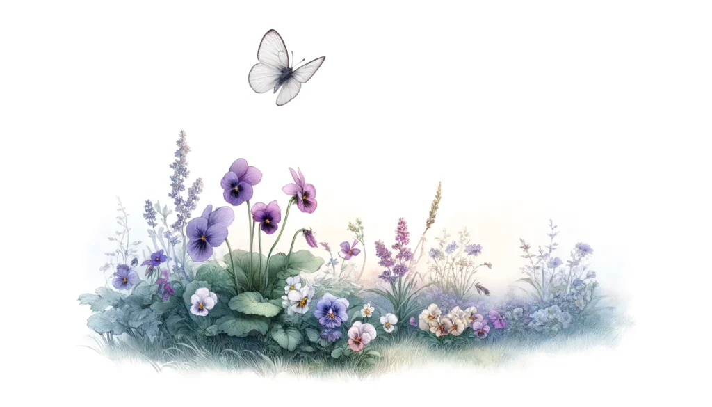 スミレの咲くガーデンと蝶